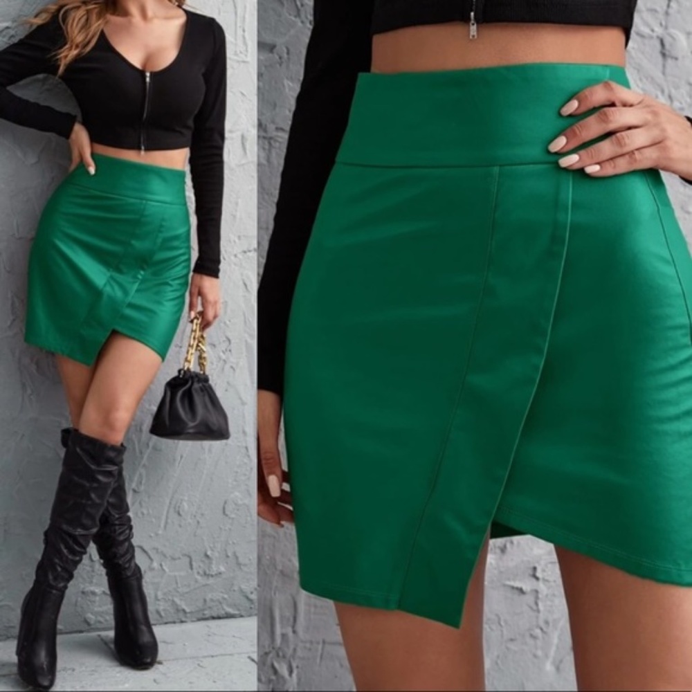 Red Asymmetrical Wide Waist Vegan Leather Bodycon Skirt - Picture 7 of 12